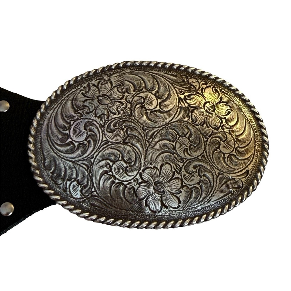 Fossil Leather Studded Western Concho Belt Black Buckle Wide Boho Flower Large - Picture 5 of 11